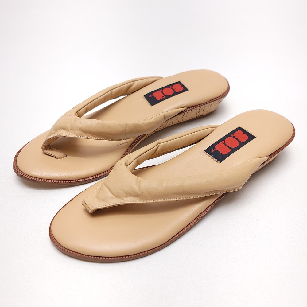 Vintage SOB VAL Tan Leather Padded Thong Cork Wedge Sandals Womens 8M Brazil‎